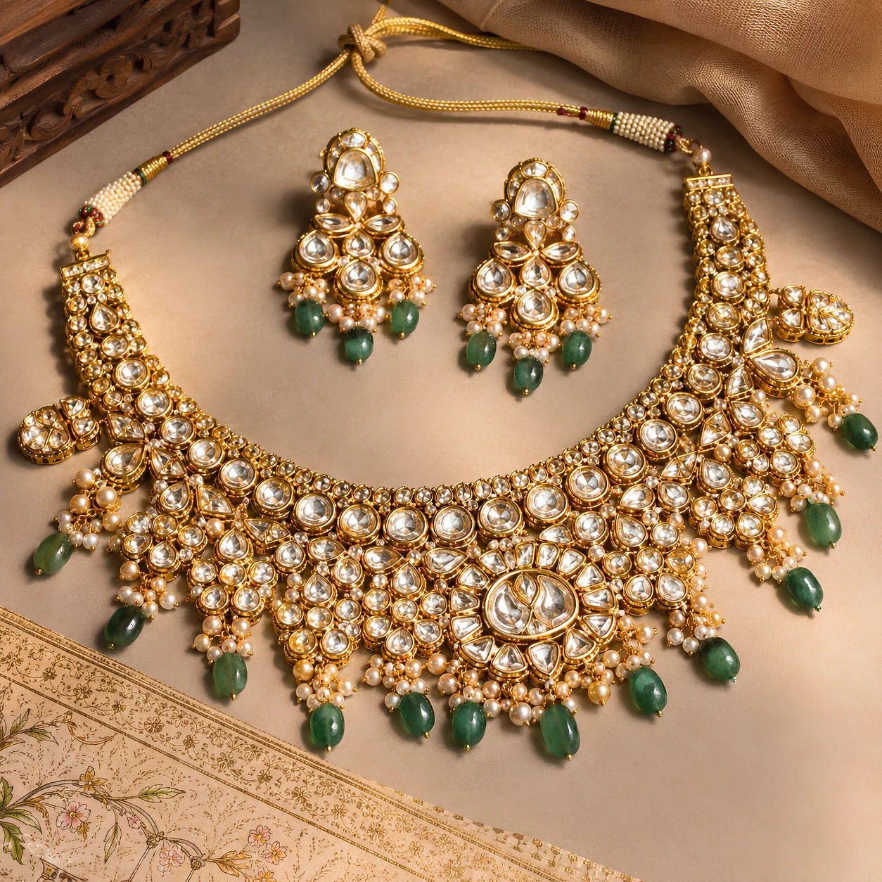 Polki bridal necklace with uncut diamonds and emerald drops, Solitaire Boutique Kanpur